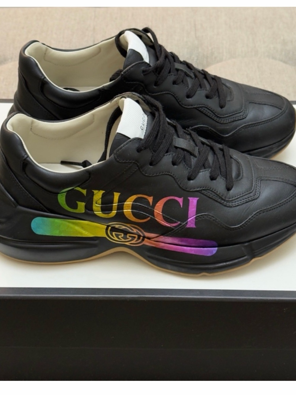 Gucci Black Leather Rhyton Sneakers with Rainbow Logo